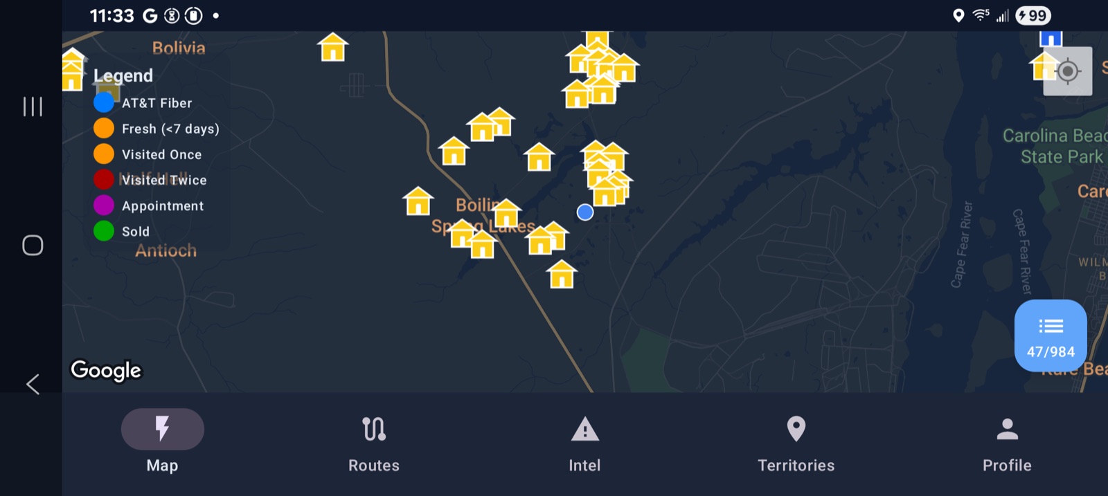 Lightning Leads internet and fiber map view showing nearby households and lead details