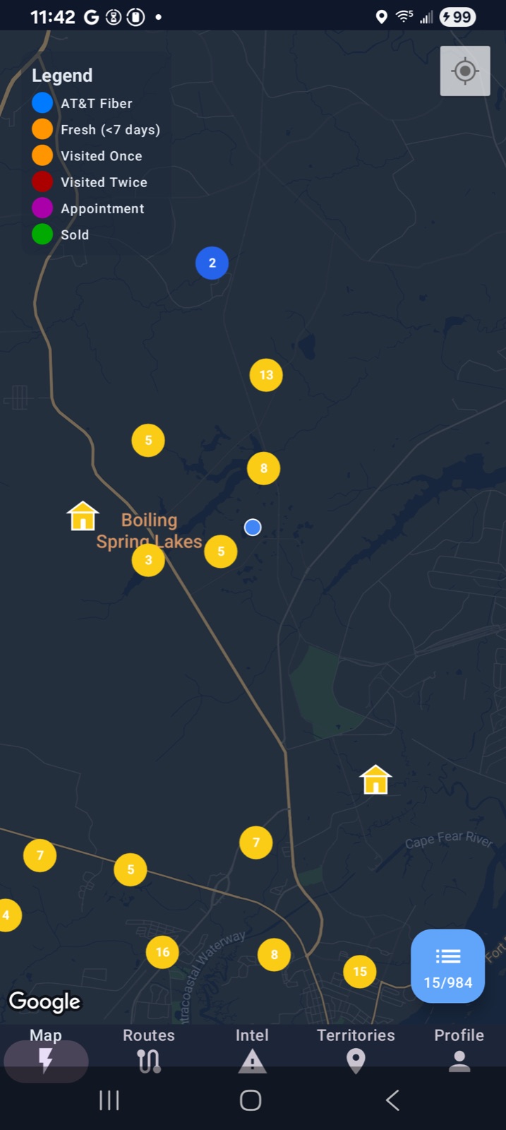 Lightning Leads field map view with nearby leads and route planning