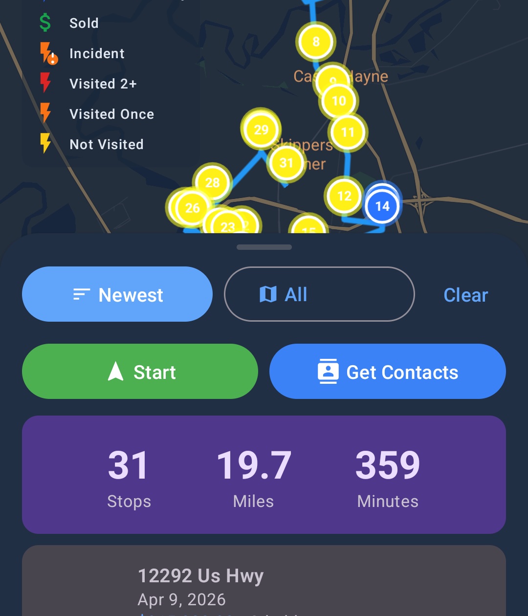 Lightning Leads route planning view for fiber and internet sales reps